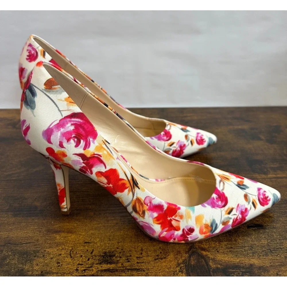 Nine West Flax Floral Pointed Toe Pumps Off White Textile Heels Womens 11 M - Picture 12 of 13